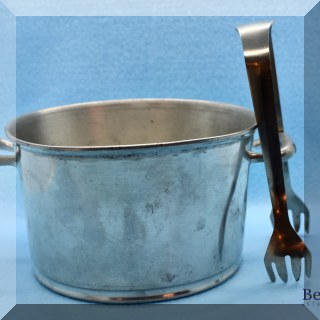 K19. Pewter by Rice ice bucket with Apollo tongs. 3.5 x 6” (bucket is somewhat bent) - $14
